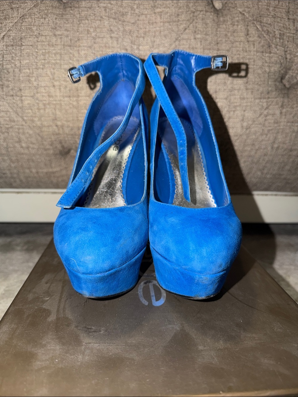 bebe Octavia Royal Blue Velvet Wedge Heels with Ankle Strap - Picture 2 of 7